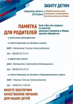 Памятка для родителей. Телефоны ответственных за организацию питания в школе